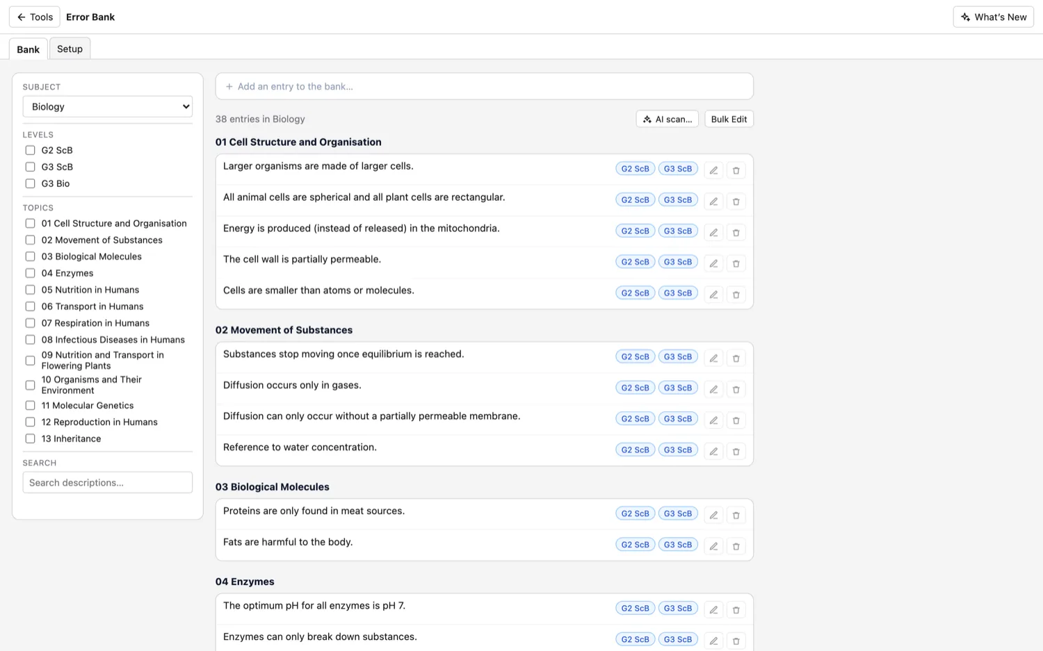 Error Bank — Misconceptions grouped by topic and level. Add them yourself or scan a script.