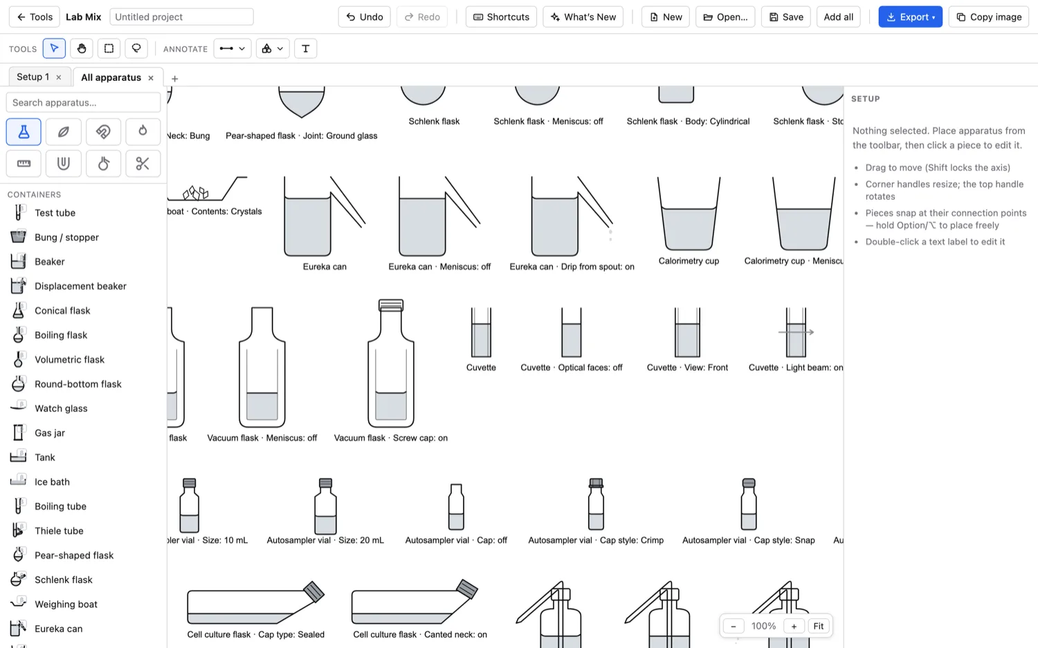 Lab Mix — Options on each piece: light beams, pouring, the meniscus, and so on.