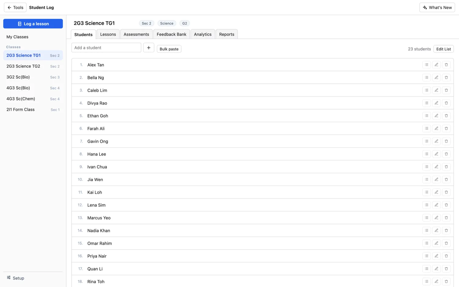Student Log — Your class list.