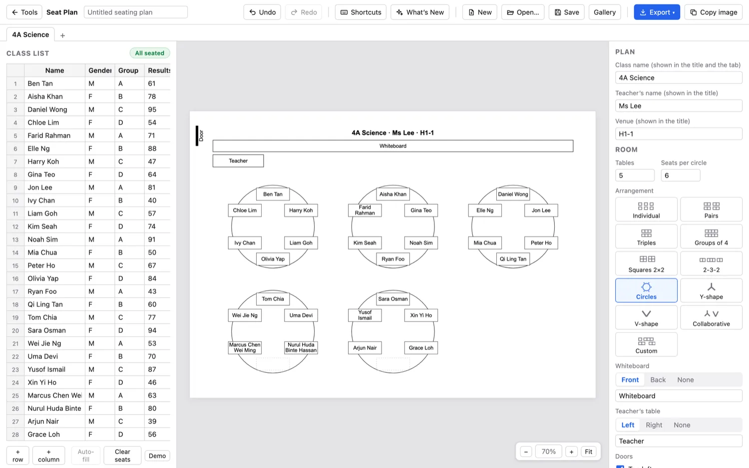 Seat Plan — Group tables in one click. Circles here, plus rows, fours, U-shapes and more.